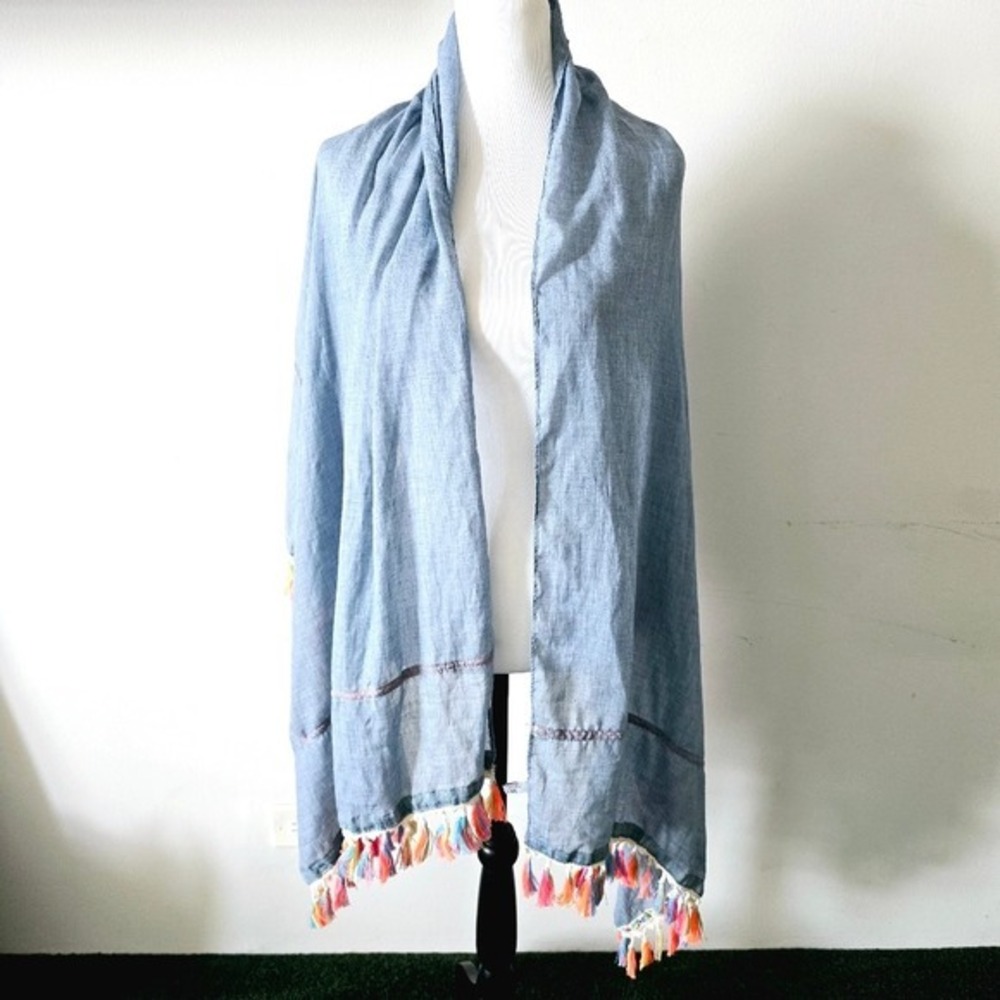 Blue Lightweight Wrap Scarf Colorful Tassel Fringe Floral Trim Boho Shawl